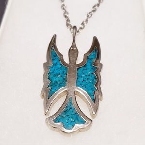 Silver Tone Necklace Chain with Thunderbird Pendant Inlaid Turquoise Chips